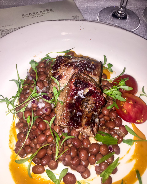 Tri-tip prepared sous vide, alongside pinquito beans from Barbareño in Santa Barbara.