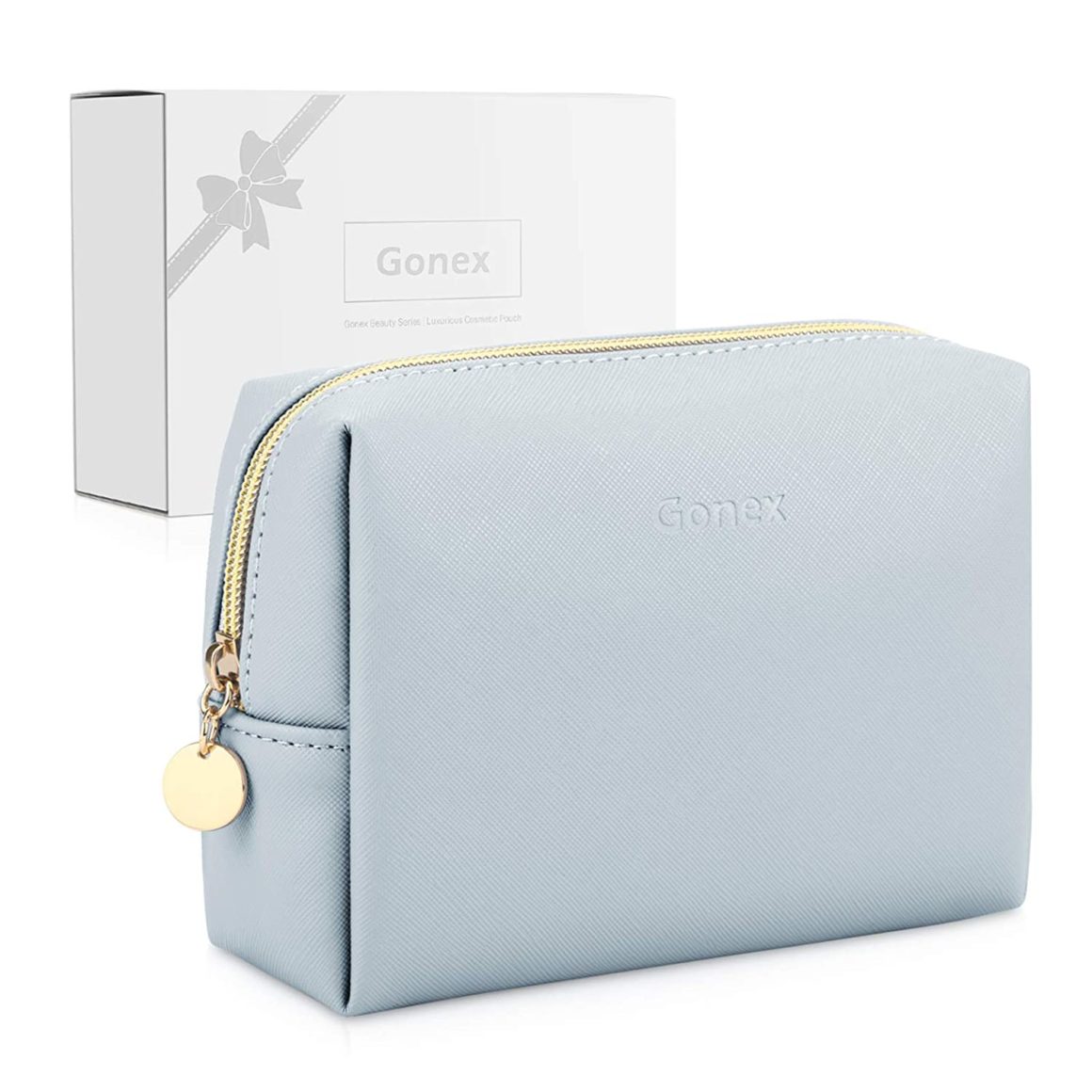 Gonex Small Makeup Bag for Purse PU Vegan Leather Travel Cosmetic Pouch Toiletry Bag for Women Girls Gifts Portable Water-Resistant Daily Storage Organzier Light Grey